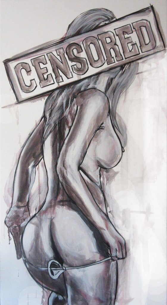 schilderij erotisch vrouw slipje billen naakt censored acrylverf op doek kunstenaar timbert